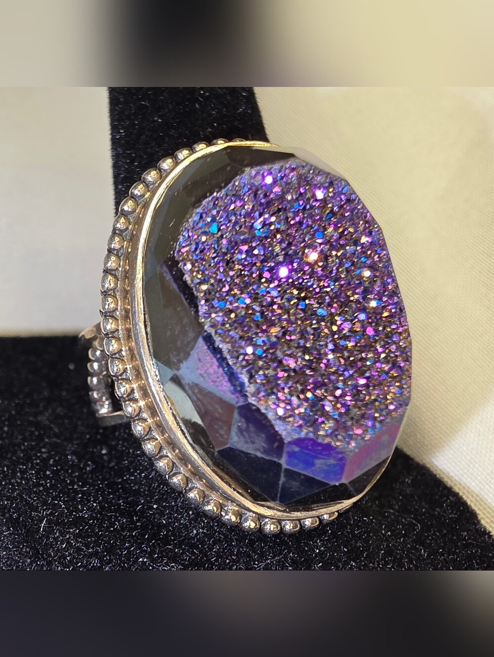 Colleen Lopez Sterling Silver Ring Oval Purple Druzy Quartz, Adjustable